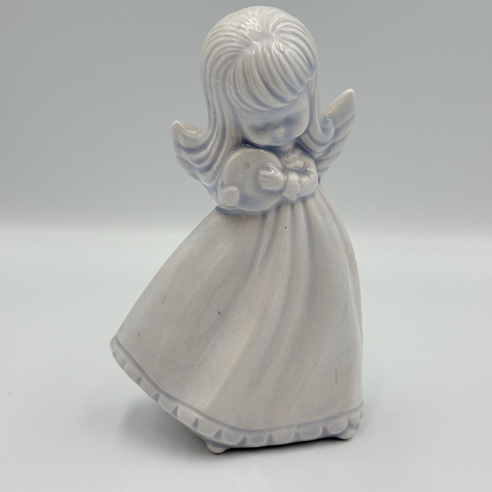Vintage White‎ Angel Figurine Music Child Blue Tint Glaze Ceramic Japan